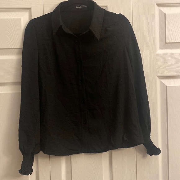 Salant black blouse lantern sleeve high neck modest button front blouse size 6 - Picture 2 of 6